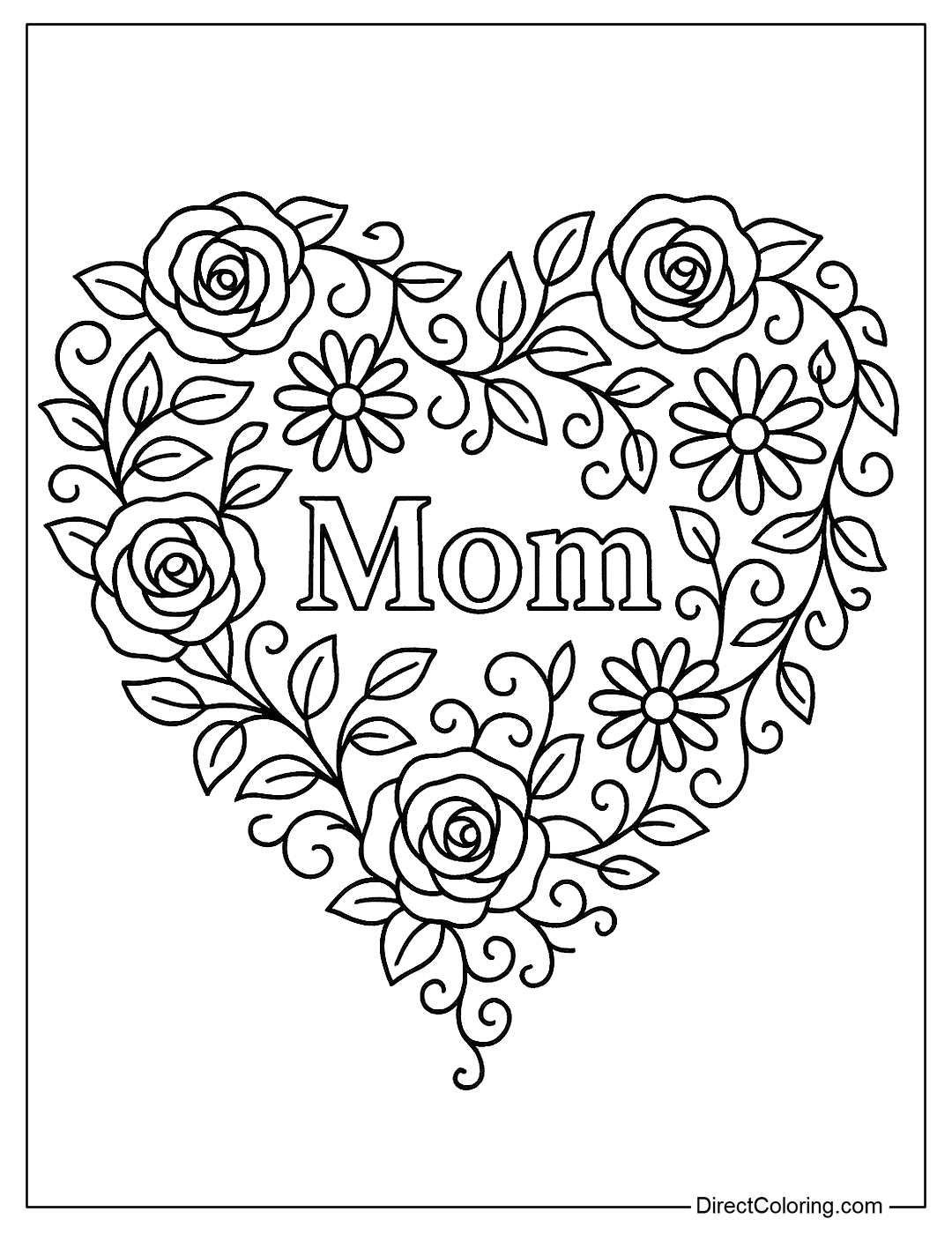 coloring page of a giant heart made from roses, daisies and vines, with the word 